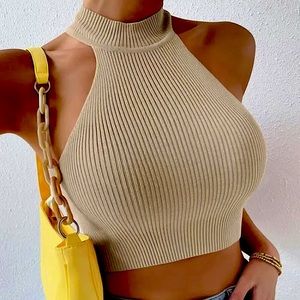 Khaki ribbed sleeveless turtleneck crop top